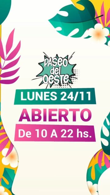 Feriado + Paseo del Oeste 💚
Este lunes 24/11 estamos abiertos de 10 a 22 hs.
Aprovechá el día para pasear, comer rico y recorrer nuestros locales.

#paseodeloeste #zonaoeste #ituzaingó #planfamiliar