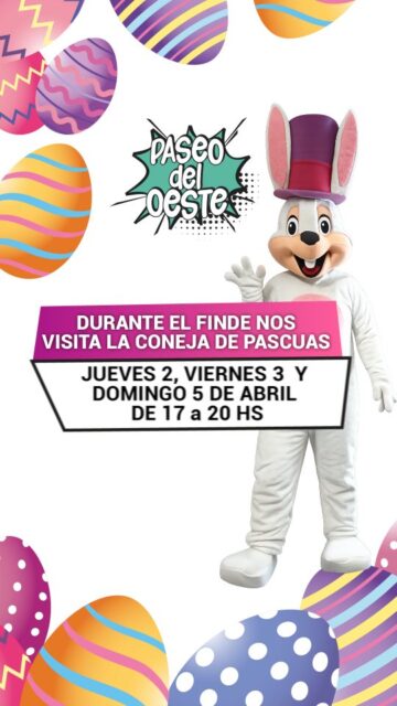 🐰✨ ¡Este finde hay plan en Paseo del Oeste! ✨🐰

Llega la Coneja de Pascuas para que vengas con los más chicos a sacarte fotos y pasar una tarde súper divertida 📸💖

📅 Jueves 2, viernes 3 y domingo 5 de abril
🕔 La Coneja te espera de 17 a 20 hs

🍫 Además, vamos a estar repartiendo huevitos para los más peques 🥰

🕙 Paseo abierto de 10 a 21 hs

Un plan simple, lindo y en familia… ¡no te lo pierdas! 🙌

📍 Av. Pte. Perón 7970 – Ituzaingó

#PaseoDelOeste #Pascuas #PlanEnFamilia #ZonaOeste Ituzaingó  #ActividadesParaChicos